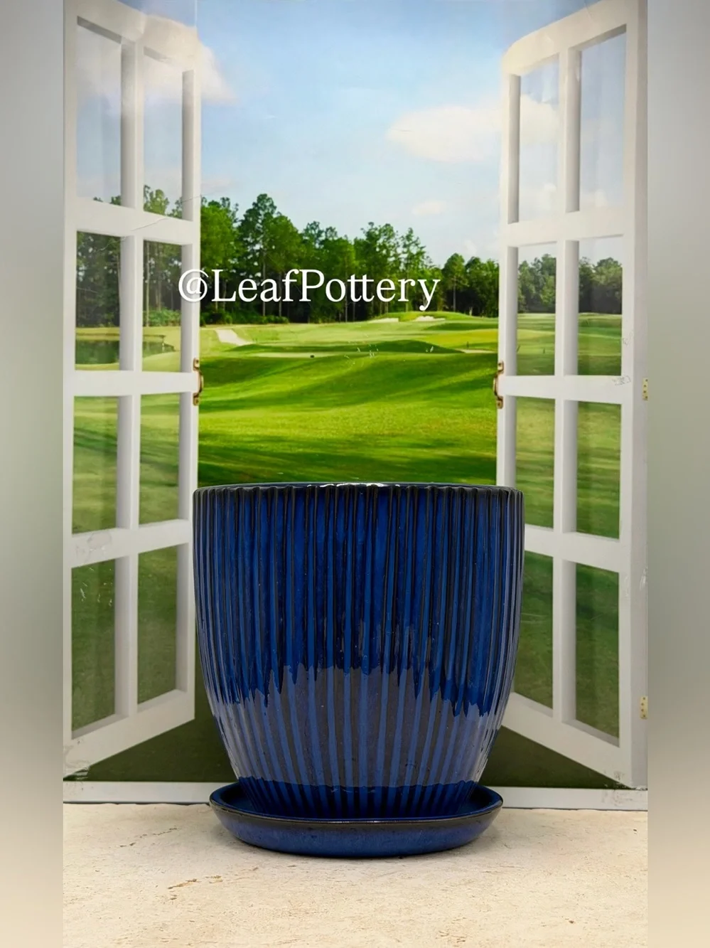 Cobalt Blue Ceramic Planter with Saucer, 7 Inch Rippled Pot with Drainage